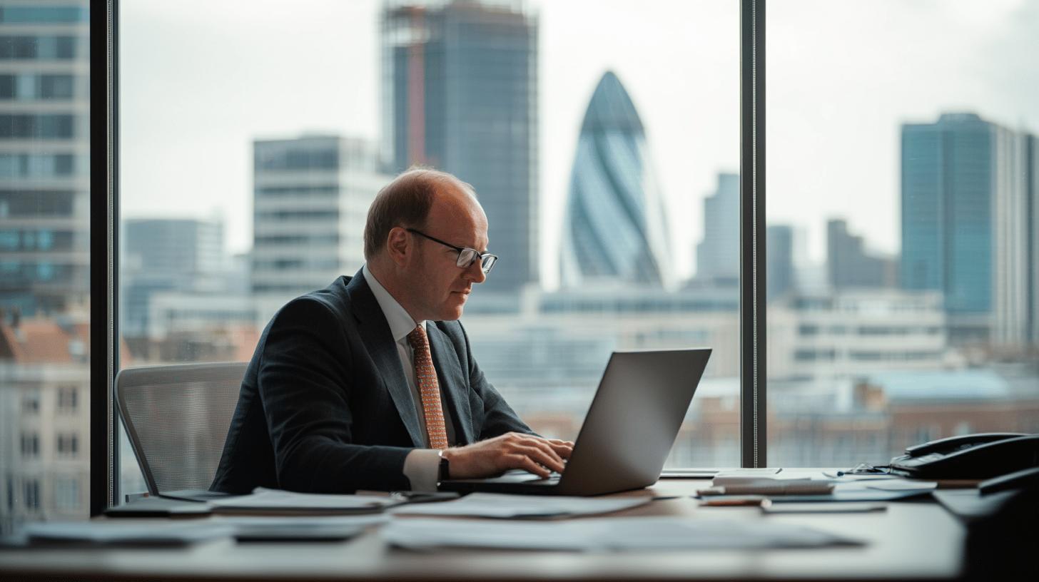 Professional businessman working on laptop in modern office with London city skyline, featuring Gherkin building in background
