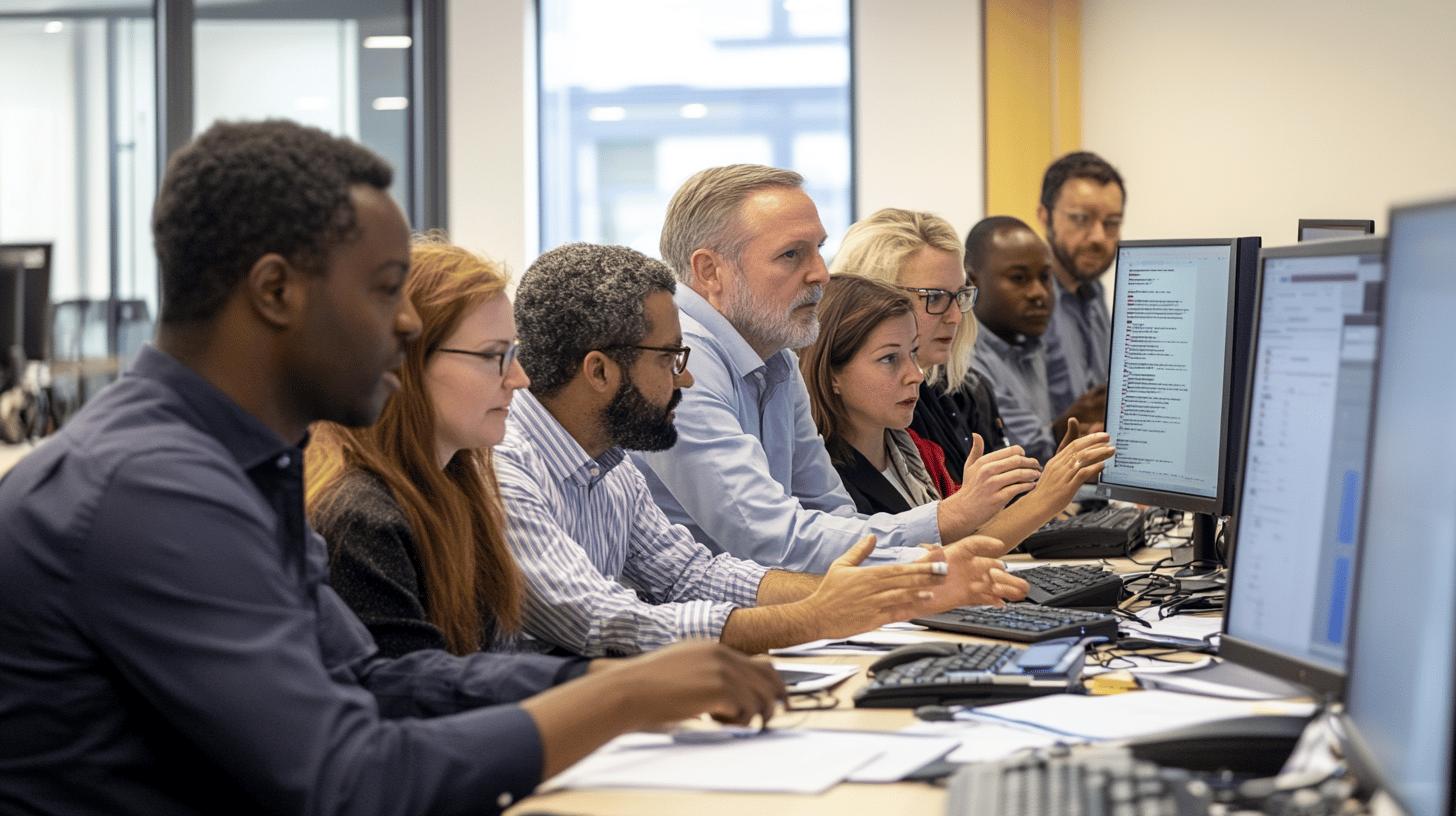Diverse team of professionals collaborating in modern office workspace, discussing project details on computer screens with focused expressions