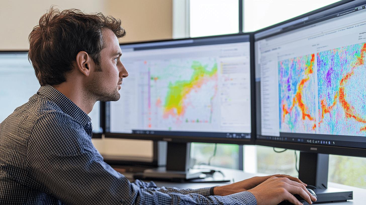 Data analyst studying multicolored heat map visualization on dual computer monitors in modern office workspace