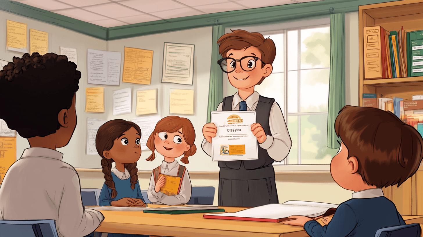Diverse classroom scene with teacher showing certificate to attentive students, illustration depicts educational setting with students of different backgrounds learning together