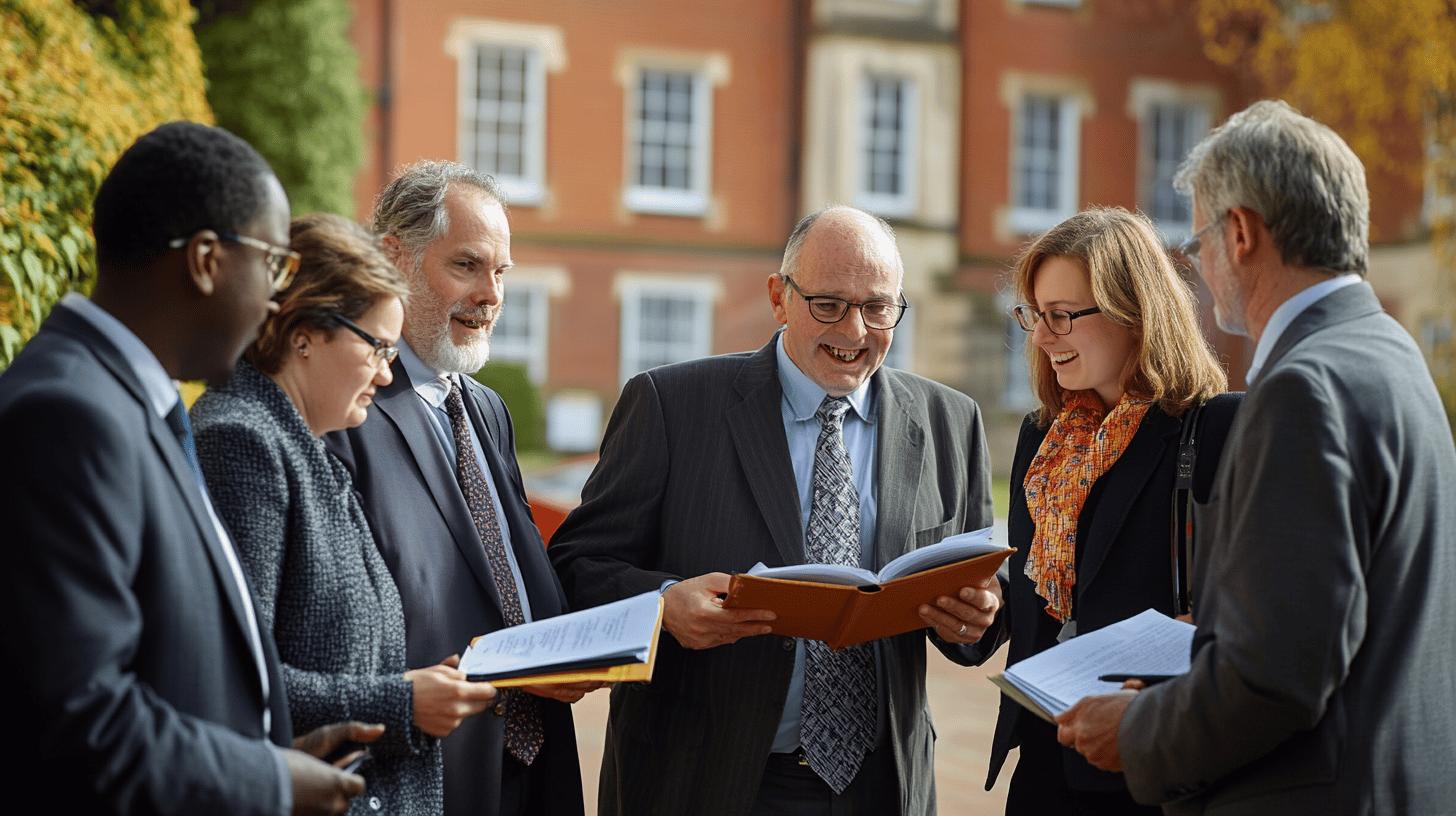 Professional business team reviewing documents together outdoors, diverse group of colleagues in suits collaborating near historic brick building with autumn foliage in background