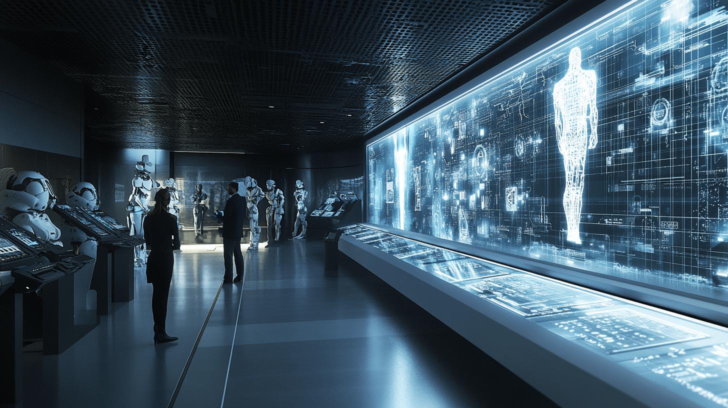 Futuristic AI control room with holographic digital interfaces, robotic figures, and advanced technological displays showcasing human body data visualization in a sleek, blue-tinted environment