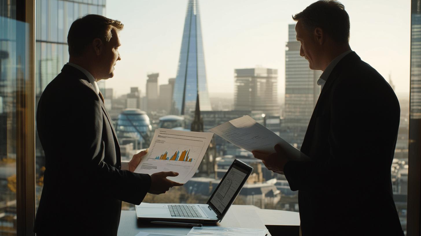 Professional businessmen reviewing financial graphs in London office with Shard skyscraper in background, discussing data analytics and business strategy with laptop and documents