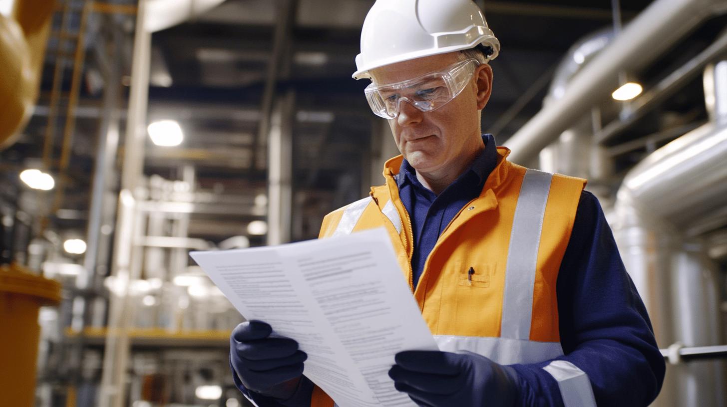 Industrial safety inspector reviewing documents in manufacturing facility, wearing hard hat, safety glasses, reflective vest, and blue uniform, focused on paperwork amid machinery and industrial lighting