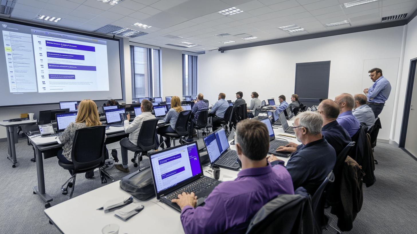 Professional corporate training room with participants learning on laptops, large presentation screen showing purple interface, instructor standing at side of modern computer classroom