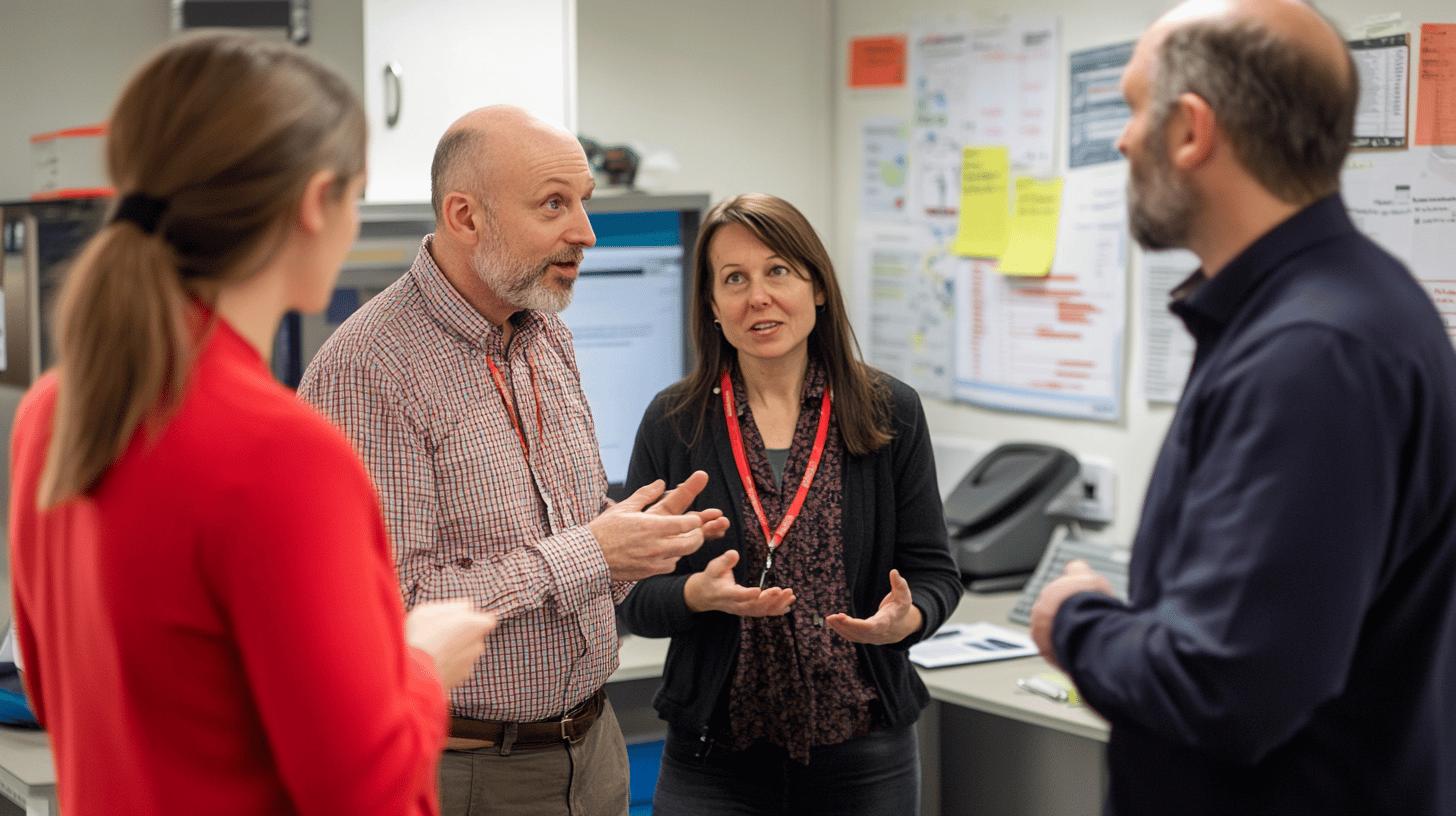 Four coworkers discussing project details in an office with whiteboards and computers, gesturing during a collaborative meeting