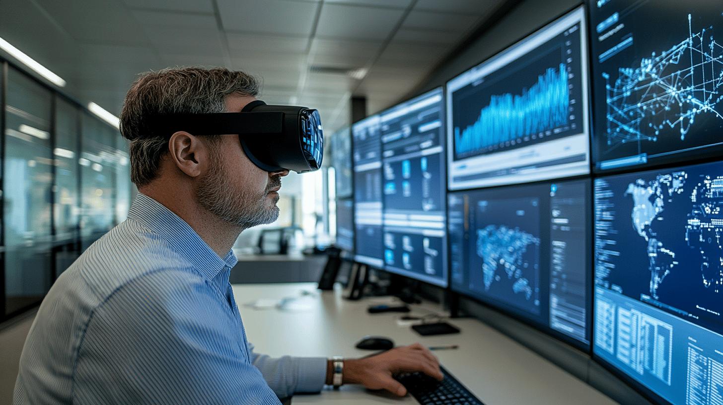 Virtual reality headset data analyst examining global digital analytics dashboard with multiple monitoring screens displaying world maps, charts, and complex data visualization in high-tech corporate environment