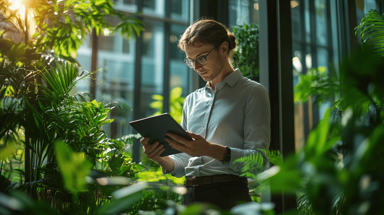 Professional working in green office environment using tablet surrounded by lush indoor plants with natural sunlight filtering through windows