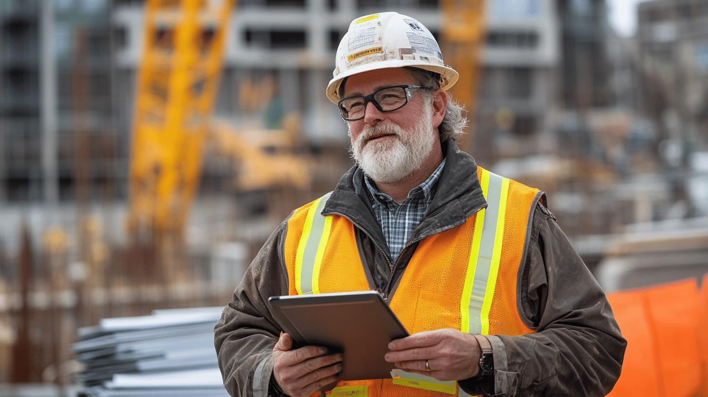 Experienced construction worker in hard hat and safety vest using tablet at building site with yellow crane in background