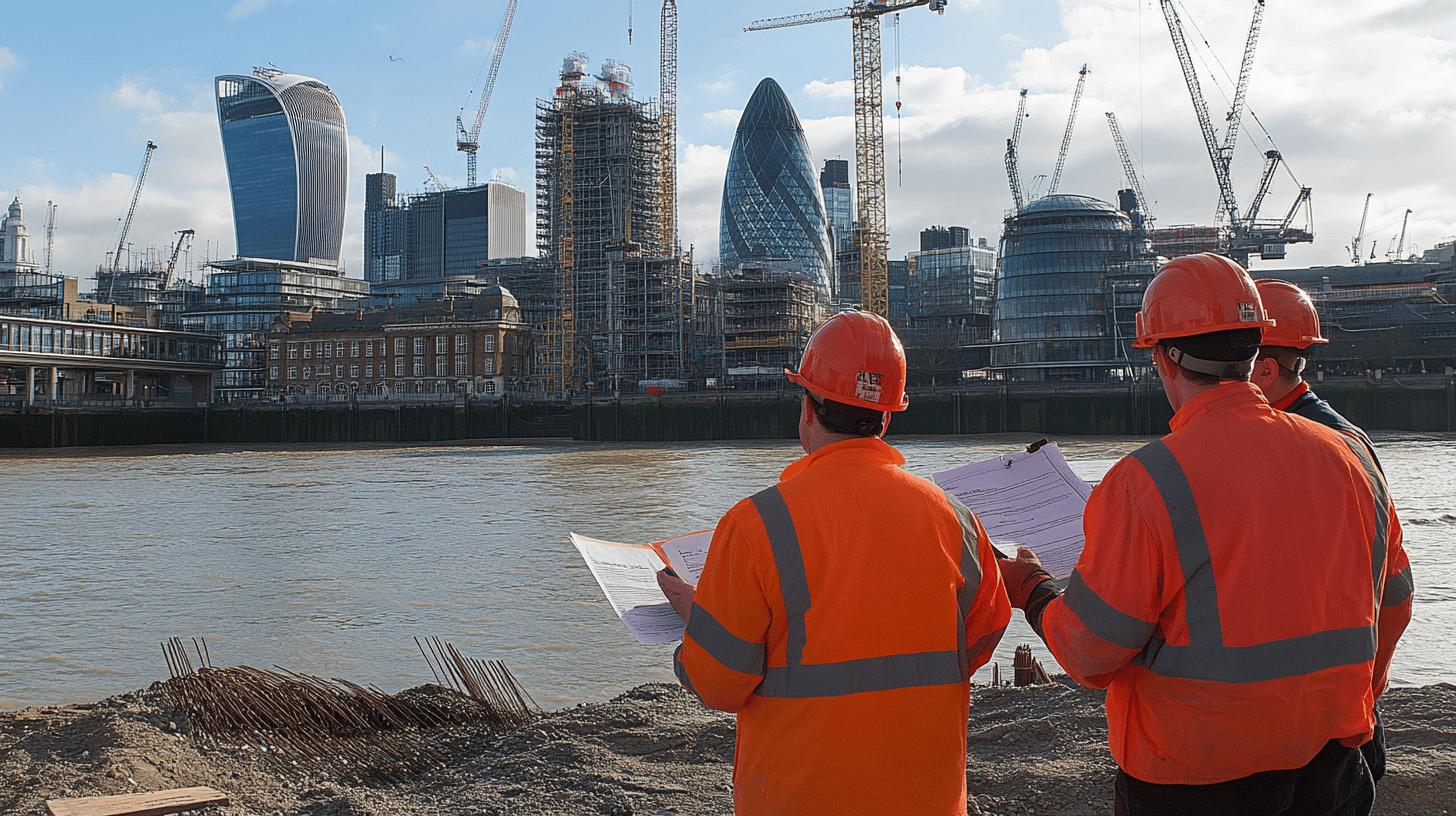 Construction workers in orange safety vests and hard hats reviewing blueprints near London's iconic Gherkin and Walkie-Talkie skyscrapers, with multiple construction cranes and modern buildings in background