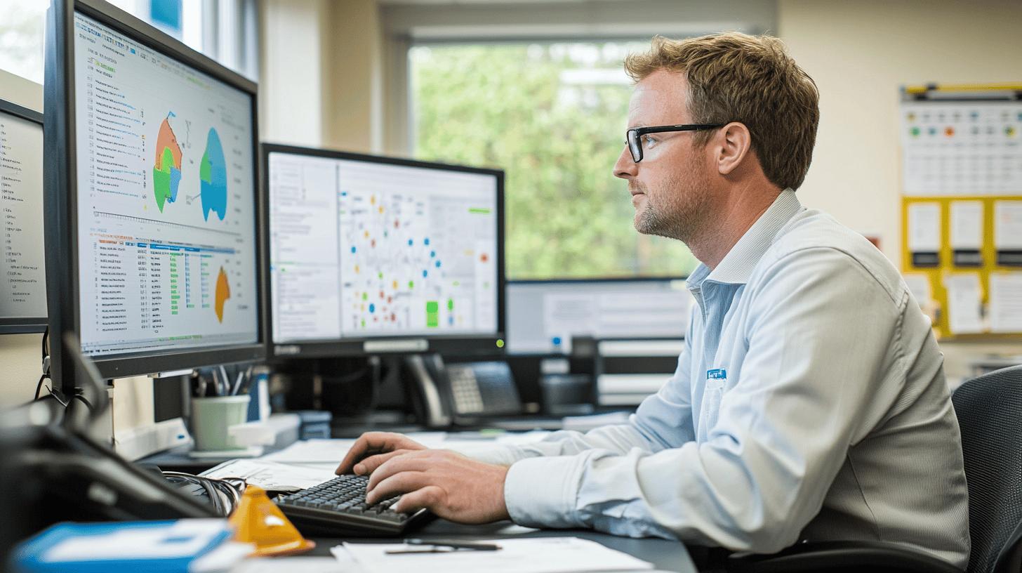 Professional analyst examining data visualization on multiple computer monitors in office workplace, wearing glasses and white shirt while analyzing complex graphical reports and charts