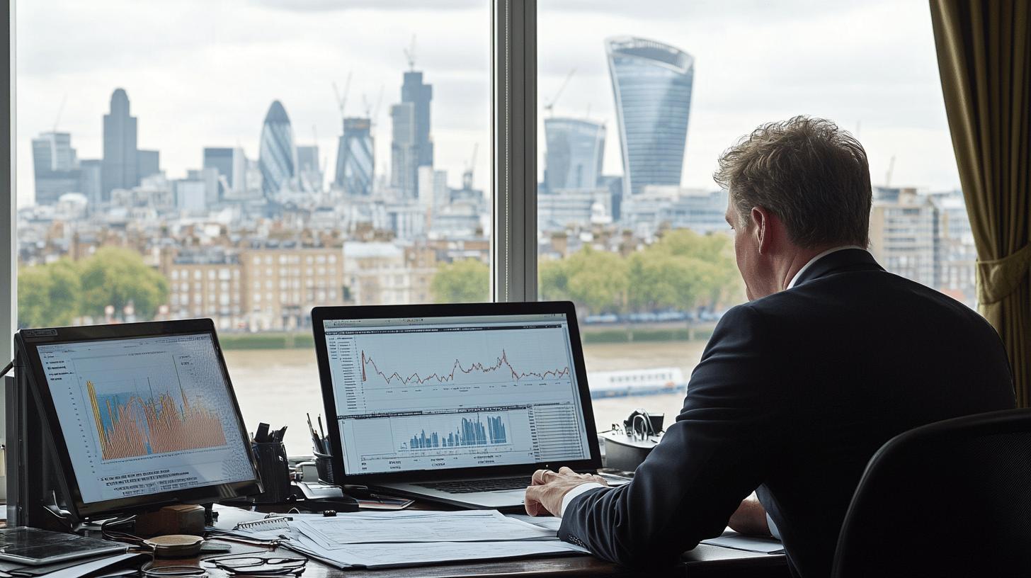 Financial analyst reviewing data graphs with London cityscape in background, featuring iconic skyscrapers like the Gherkin and Walkie-Talkie building from a high-rise office workspace
