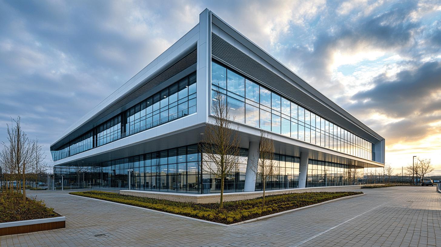Modern glass and steel corporate office building with reflective windows, landscaped grounds, and dramatic cloudy sky at sunset