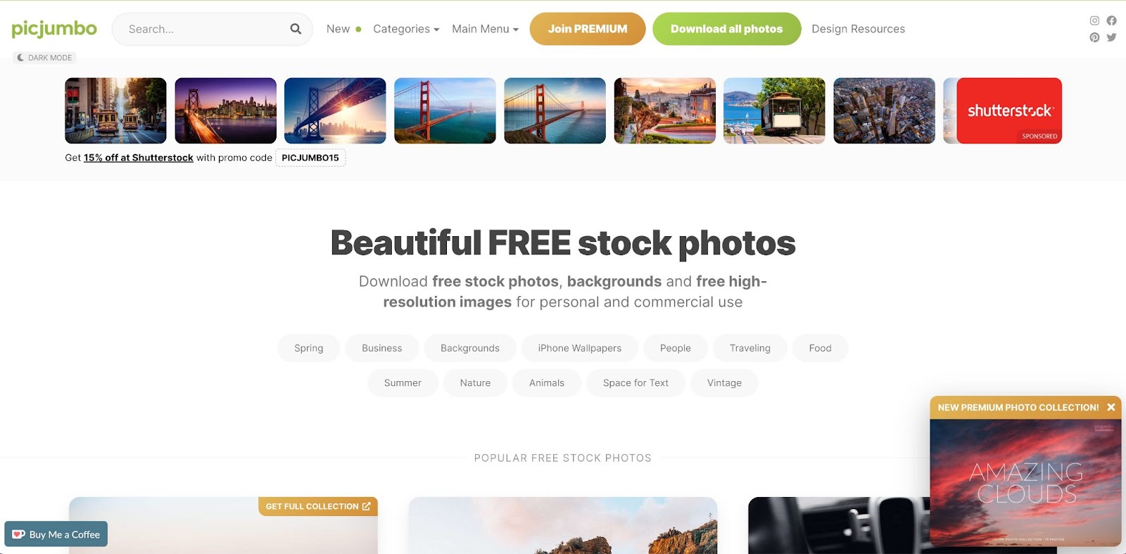 picjumbo homepage. White background. Top of image shows shutterstock ad with photo thumbnails. Middle of page shows text "Beautiful FREE stock photos" and several category buttons.