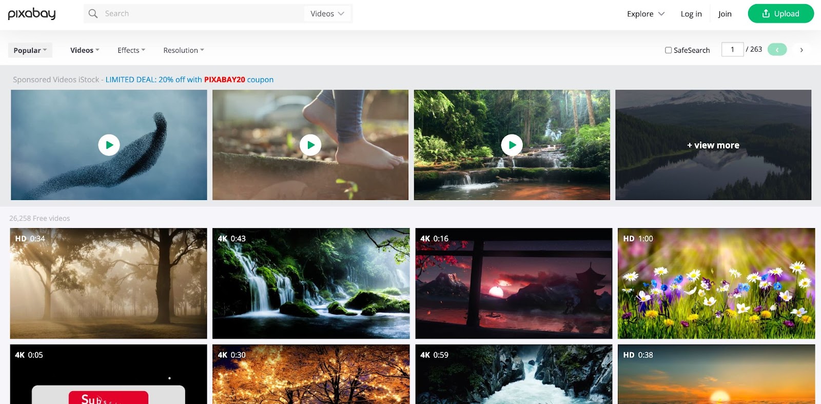 "Popüler" filtreli Pixabay web sitesi.  Sonuçlar birkaç video küçük resmi gösterir.