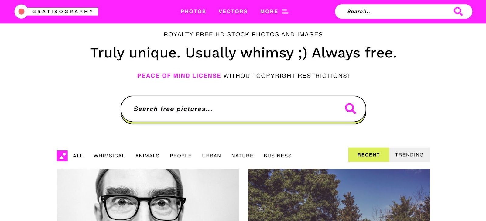 Gratisography homepage. White background with hot pink menu bar. Text: Royalty free HD stock photos and images. Truly unique. Usually whimsy ;) Always free." above a search bar with a yellow highlight drop shadow. 