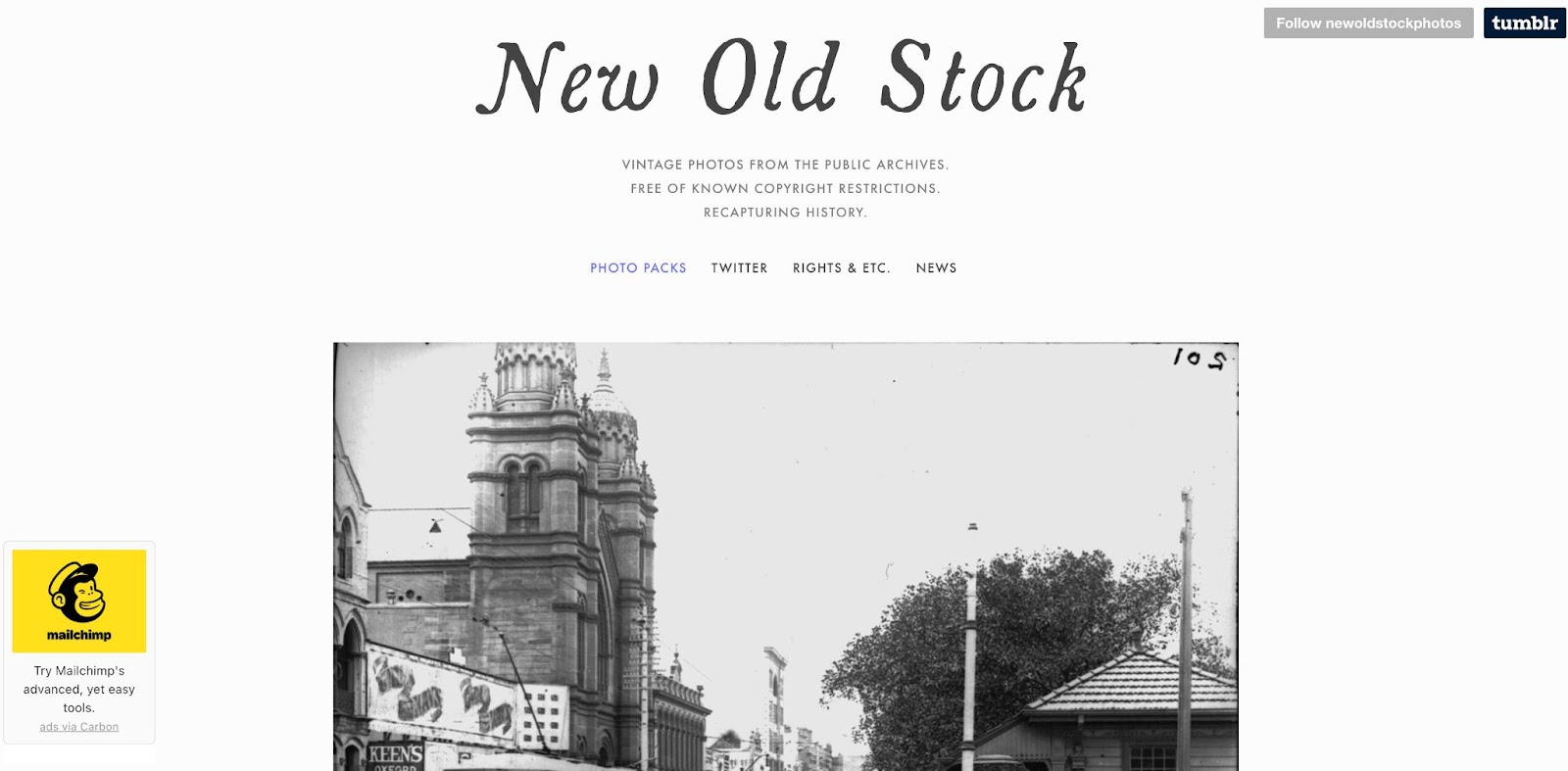 New Old Stock homepage. White background with grey text "vintage photos from the public archives. free of known copyright restrictions. Recapturing history." above a black and white photo 