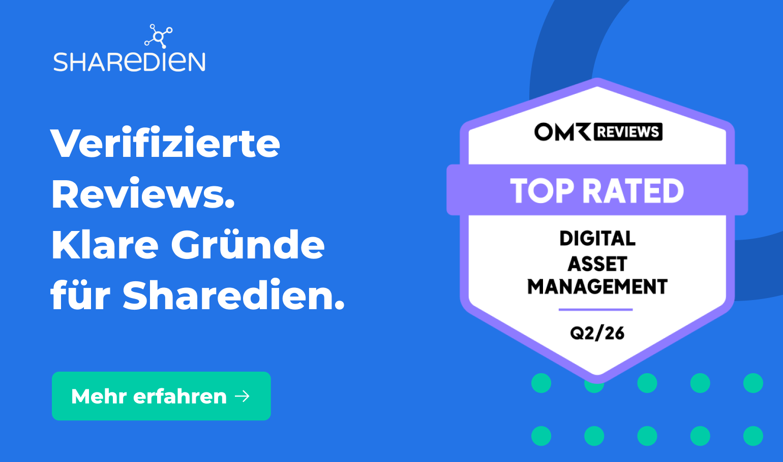 OMR-Reviews-Auszeichnung Top Rated für Sharedien in der Kategorie Digital Asset Management, Q2 2026