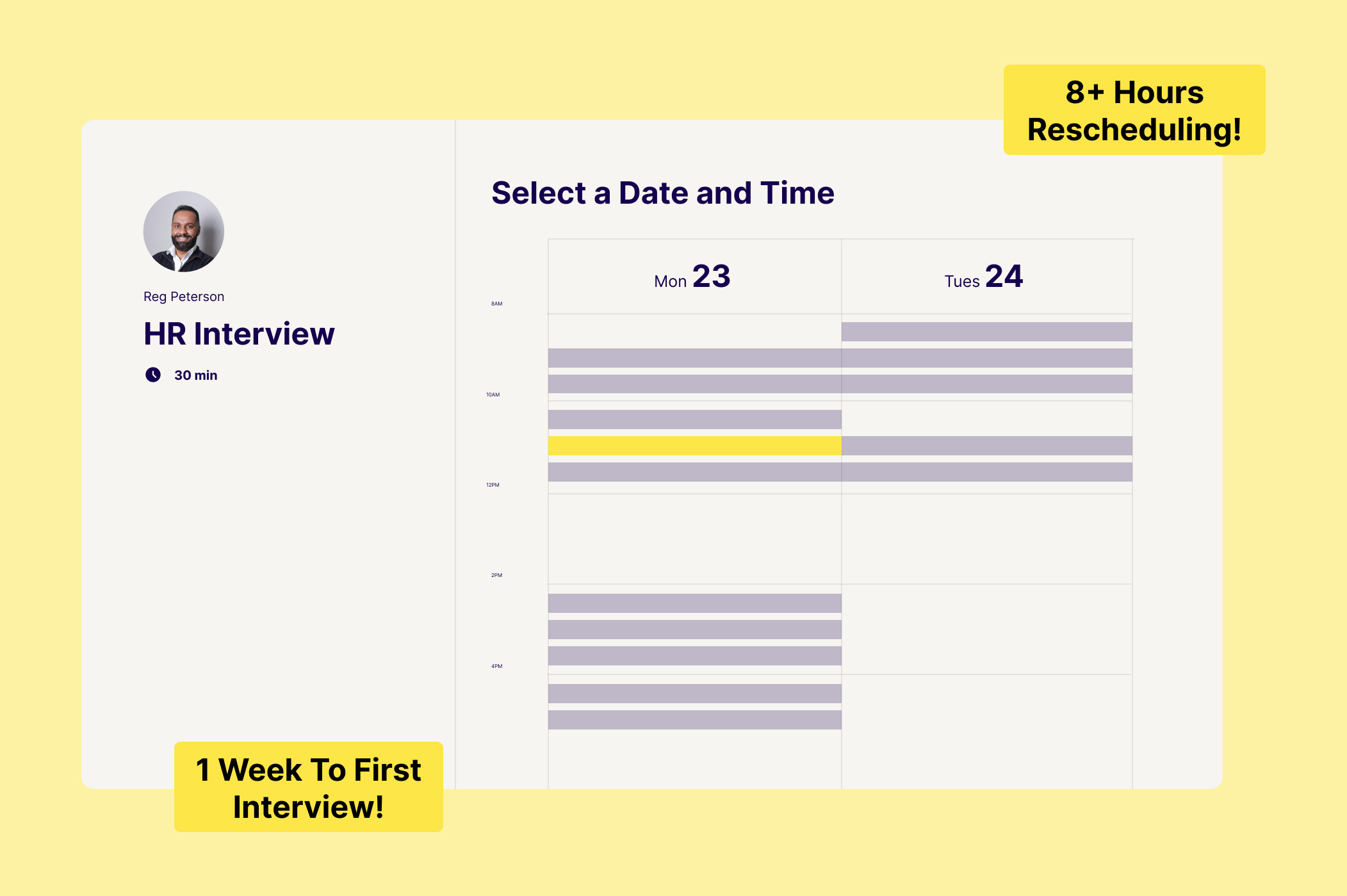 A depiction of a scheduling page to book an HR interview with "Reg Peterson." The depiction shows several available times to book in a light purple color with the chosen timeslot being a bright yellow. Around the scheduling page are the pain points of this approach: "8+ hours rescheduling" and "1 week to first interview."