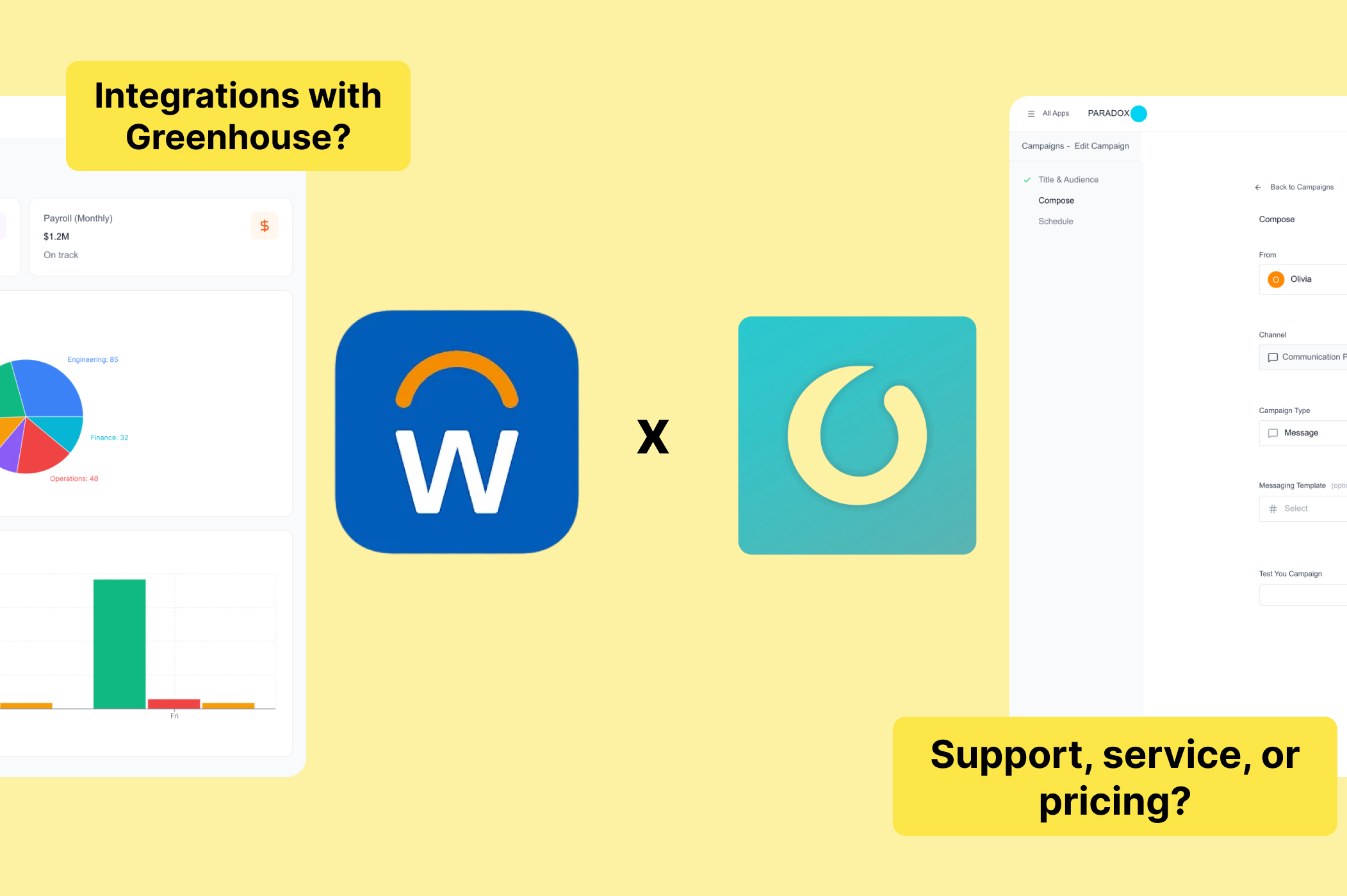 Image of Workday and Paradox with an x symbolizing a partnership with text reading, "Integrations with Greenhouse?" and "Support, service or pricing?"