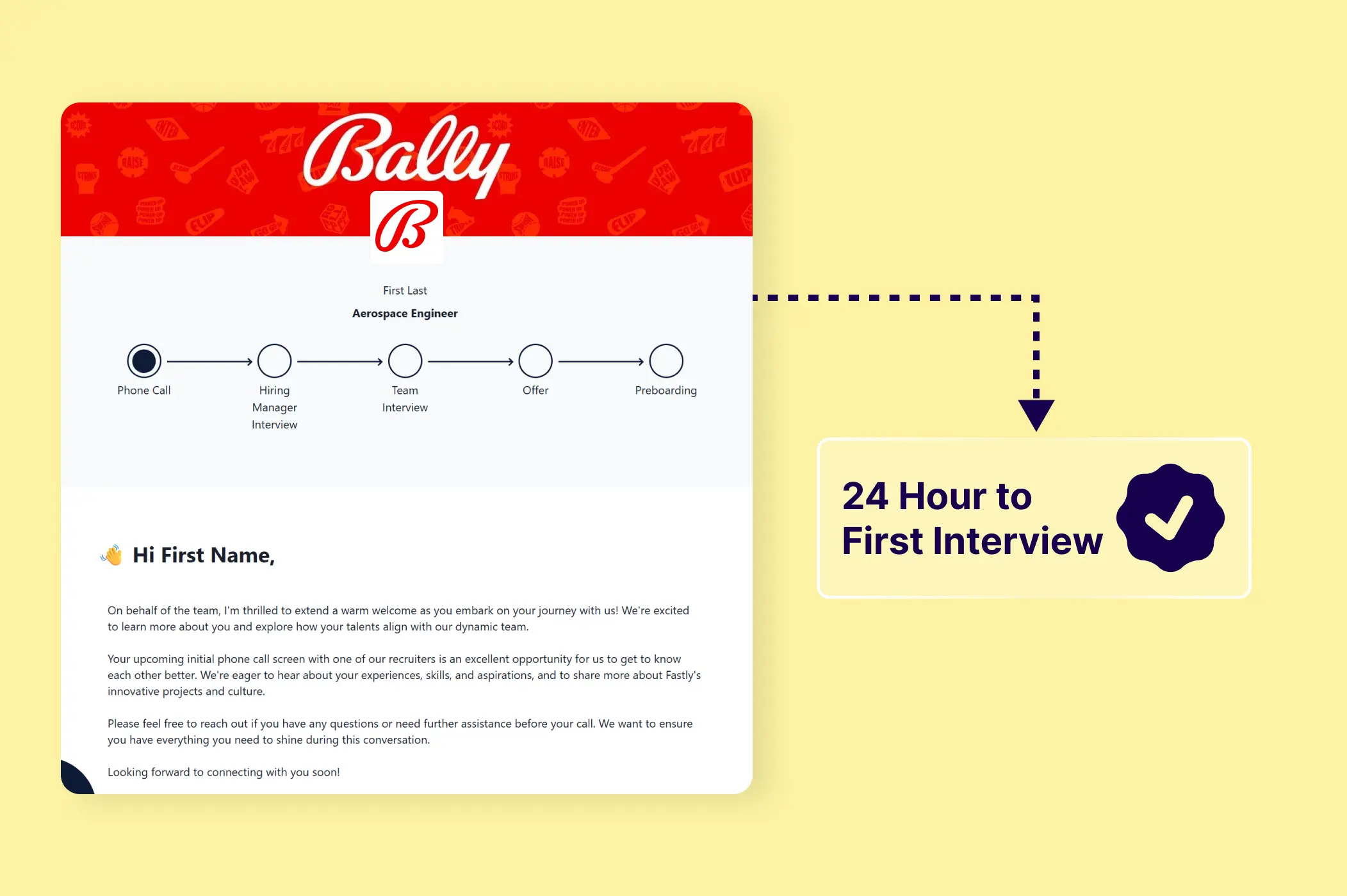 Depiction of the candidate experience portal for Bally's, showcasing the stages in a fictious role. This candidate portal leads to a 24 hours to first interview result with an arrow.