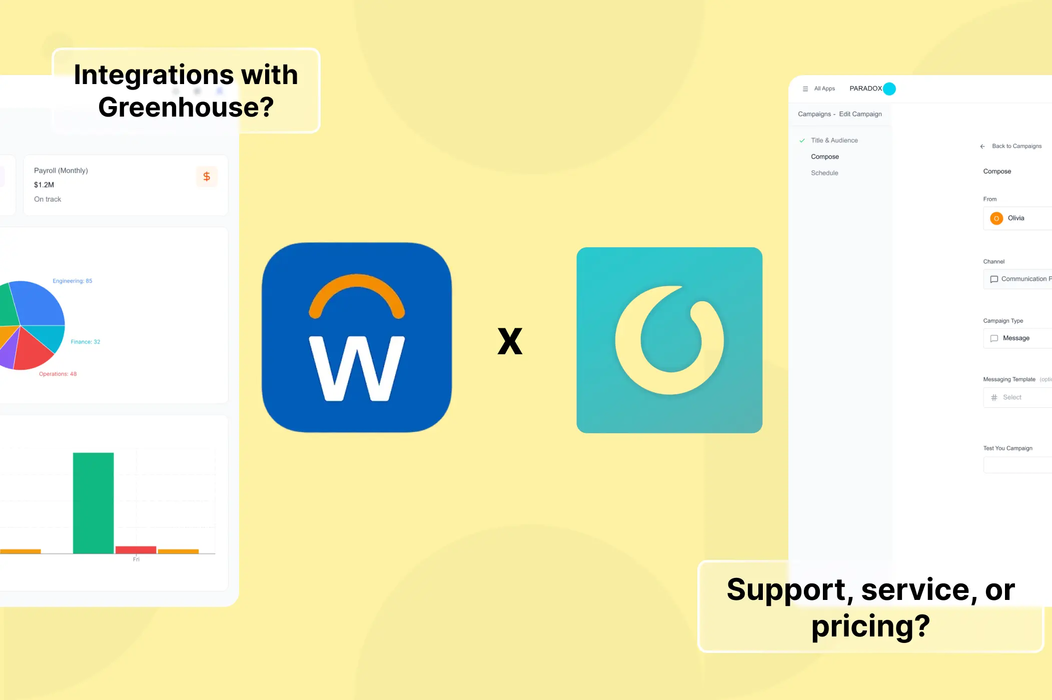 Image of Workday and Paradox with an x symbolizing a partnership with text reading, "Integrations with Greenhouse?" and "Support, service or pricing?"