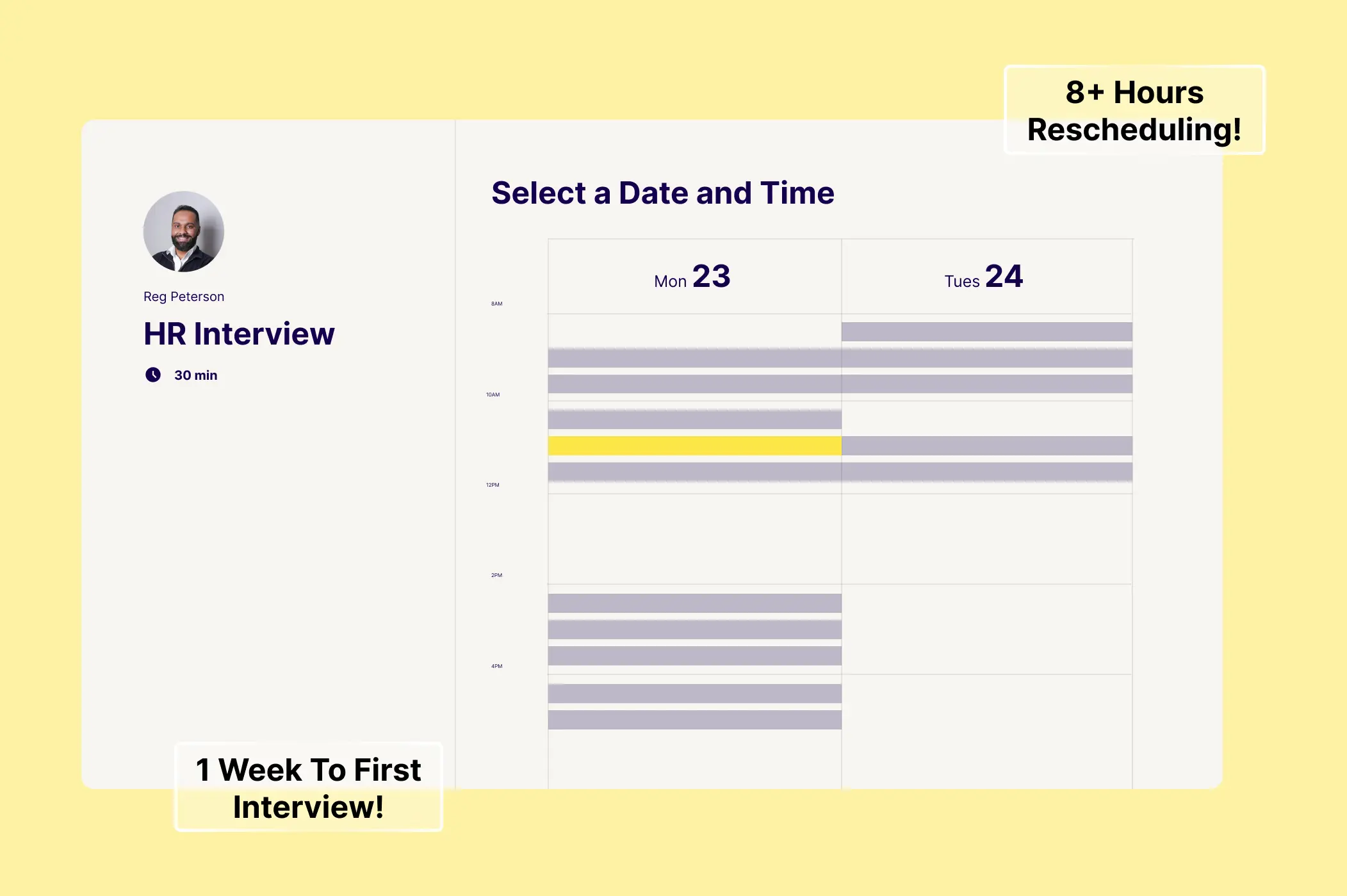 A depiction of a scheduling page to book an HR interview with "Reg Peterson." The depiction shows several available times to book in a light purple color with the chosen timeslot being a bright yellow. Around the scheduling page are the pain points of this approach: "8+ hours rescheduling" and "1 week to first interview."