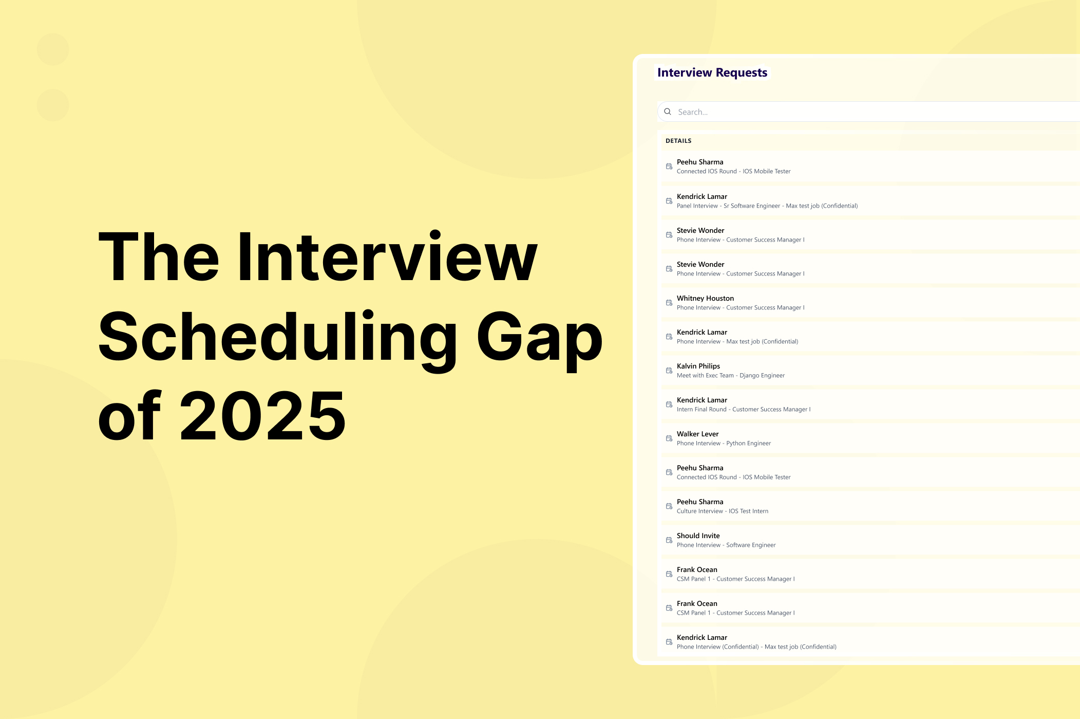 Depiction of candidate.fyi's dashboard showing too many interview scheduling requests with the title on the left saying "The interview scheduling gap of 2025."