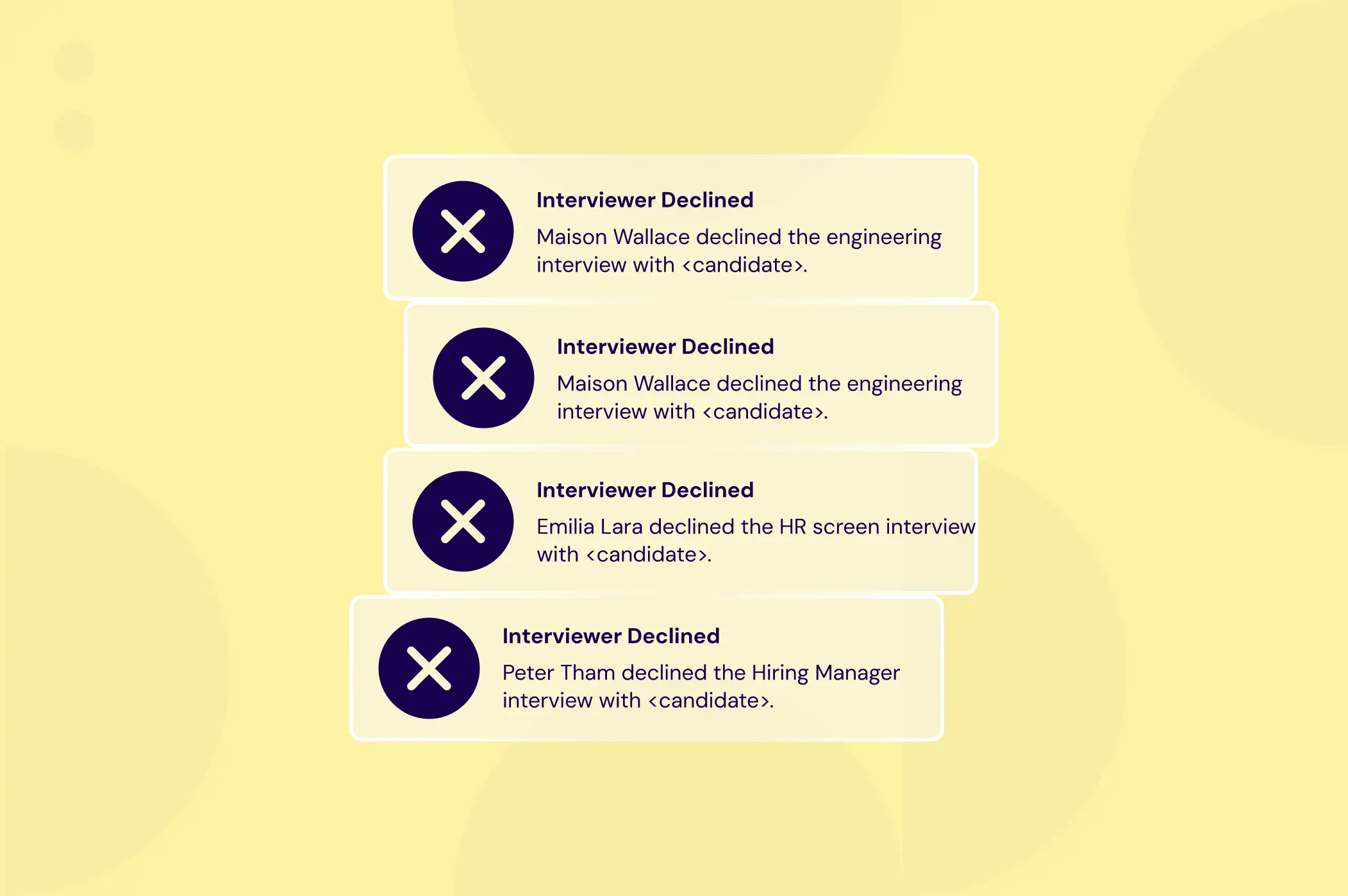 A pastel yellow background image depicting a stack of interview cancellations due to the interviewer declining the event.