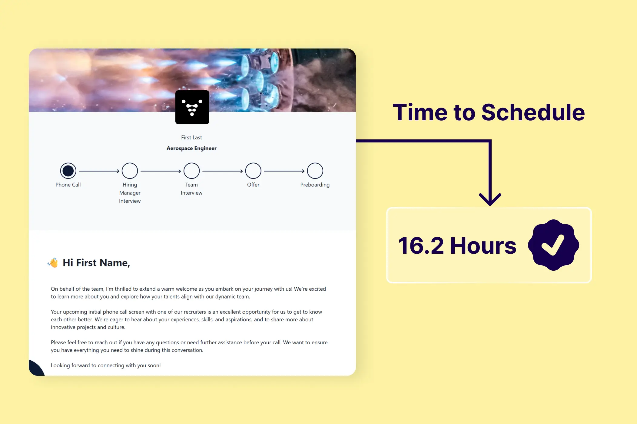 An image depicting Relativity Space's candidate portal and showing how that cut their time to schedule to 16.2 hours.