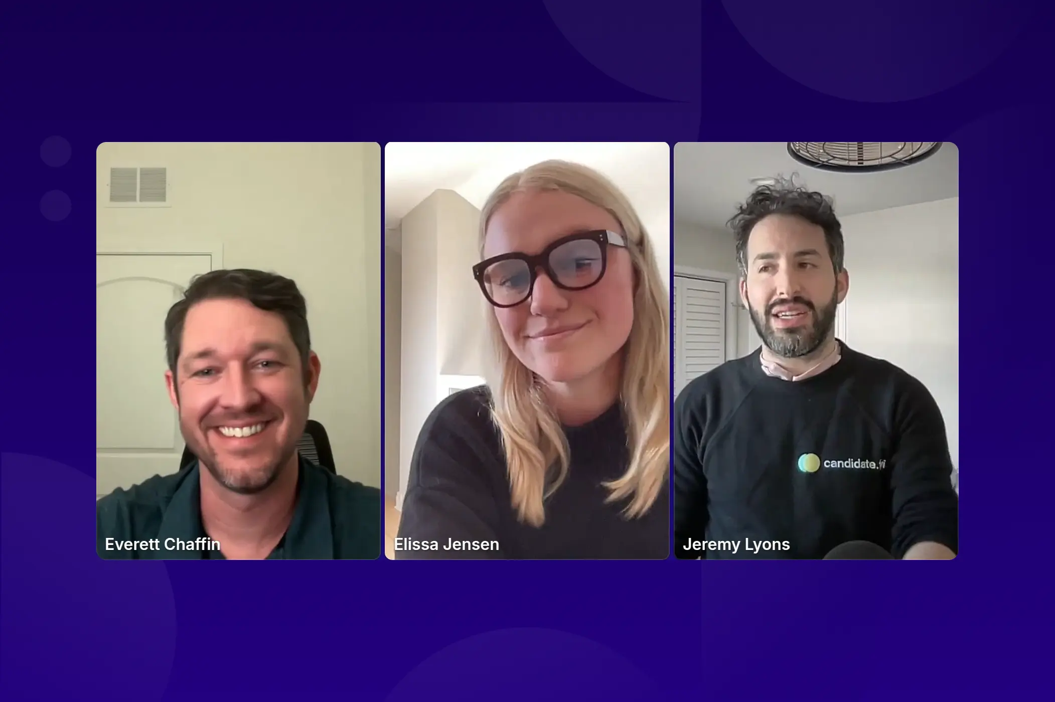 Image of Everett Chaffin, Elissa Jensen, and Jeremy Lyons smiling at the camera with a dark navy blue background.