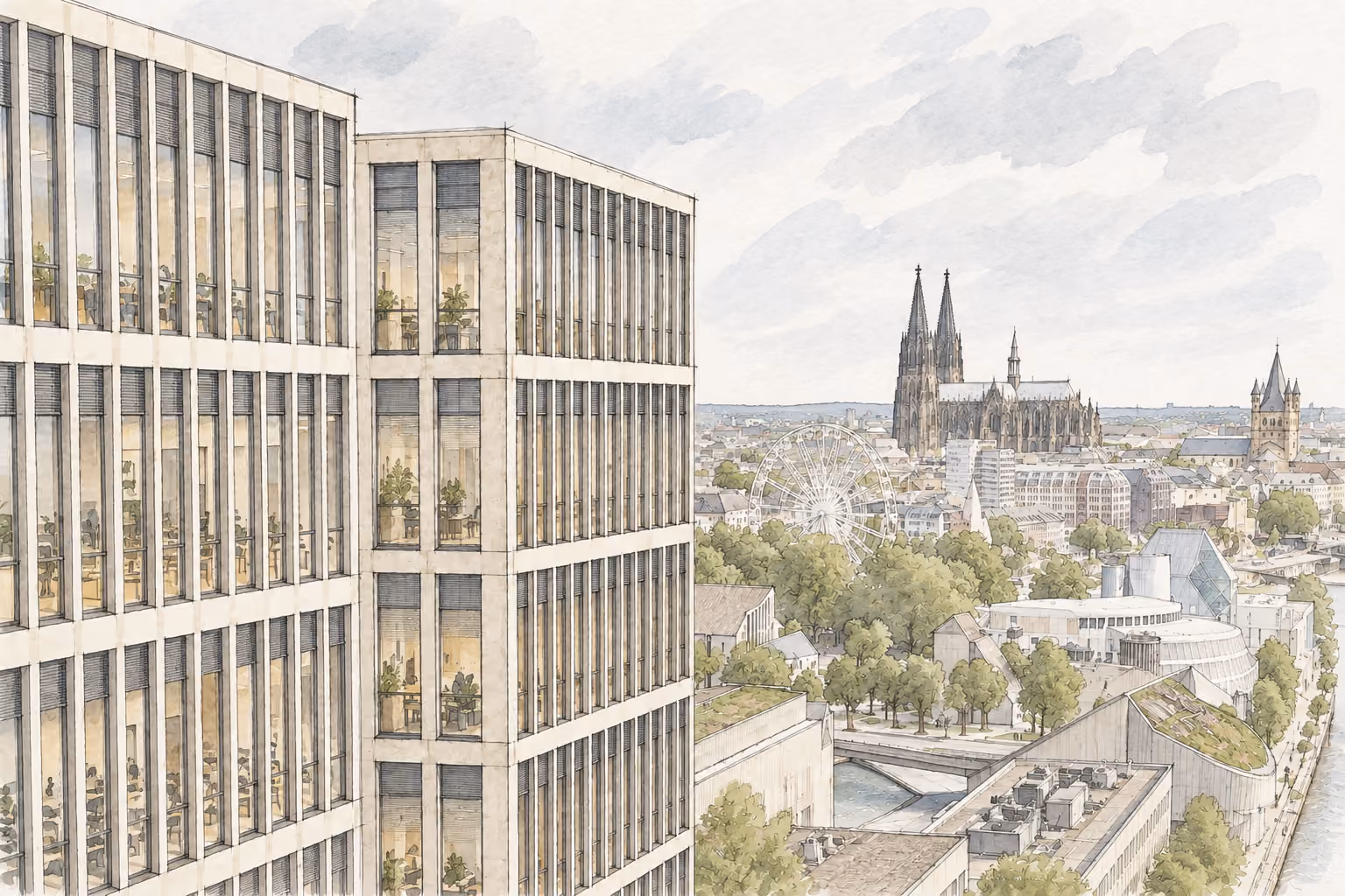 Watercolor-style cityscape showing modern office buildings with large glass windows and indoor plants on the left, with a distant view of a historic cathedral, a Ferris wheel, and lush green trees along a river under a cloudy sky.
