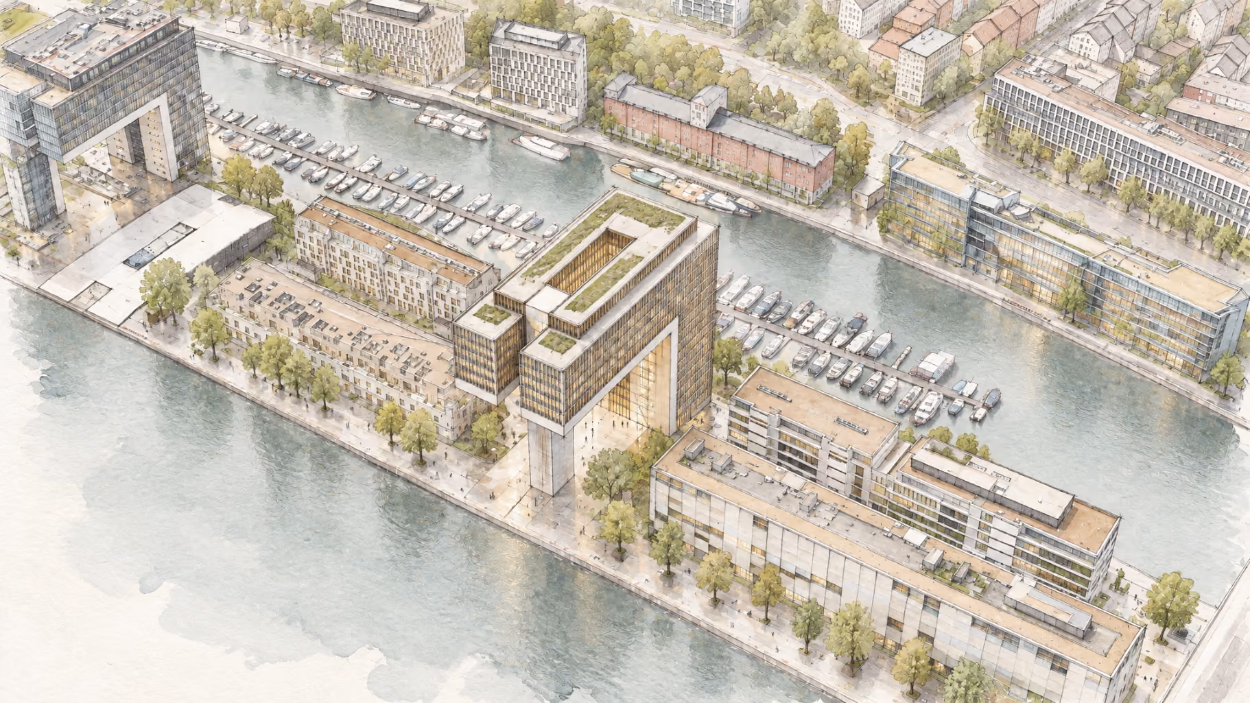 Aerial view of a waterfront urban area featuring modern buildings, a canal with docked boats, and tree-lined streets in a calm, detailed architectural illustration style.