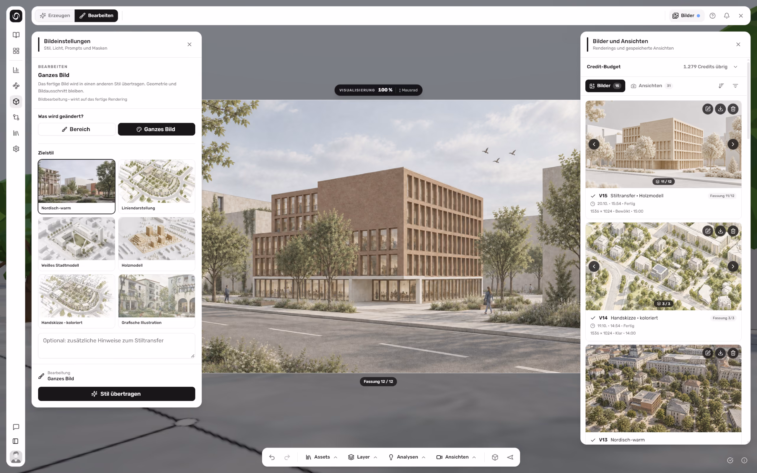 3D architectural rendering of a modern, multi-story brick building with large windows, surrounded by trees and greenery, viewed from across a street with pedestrian sidewalks and two people walking nearby under a partly cloudy sky with three birds flying.