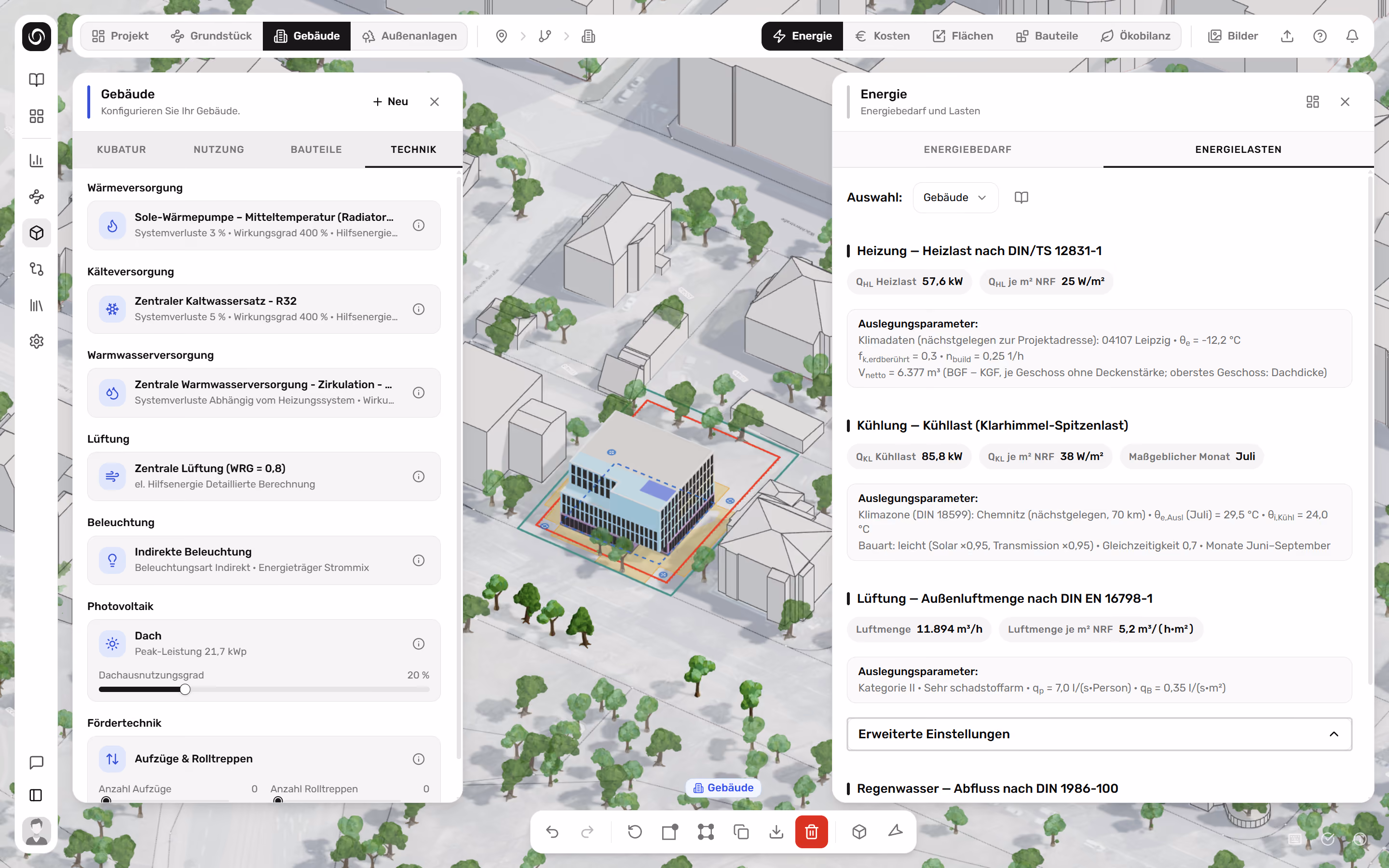 Screenshot of a software interface showing a 3D model of a building within a neighborhood. The interface tabs include Projekt, Grundstück, Gebäude, and Außenanlagen, with Gebäudetechnik selected. Left panel displays building technical systems like Wärmepumpe, Kaltwassersatz, Warmwasserversorgung, Lüftung, Beleuchtung, Photovoltaik, and Fördertechnik with details and icons. Right panel shows Energie settings with tabs for Energiebedarf and Energielasten, currently on Energielasten tab, detailing heat load, cooling load, and ventilation airflow based on DIN/TS standards with parameters and values.