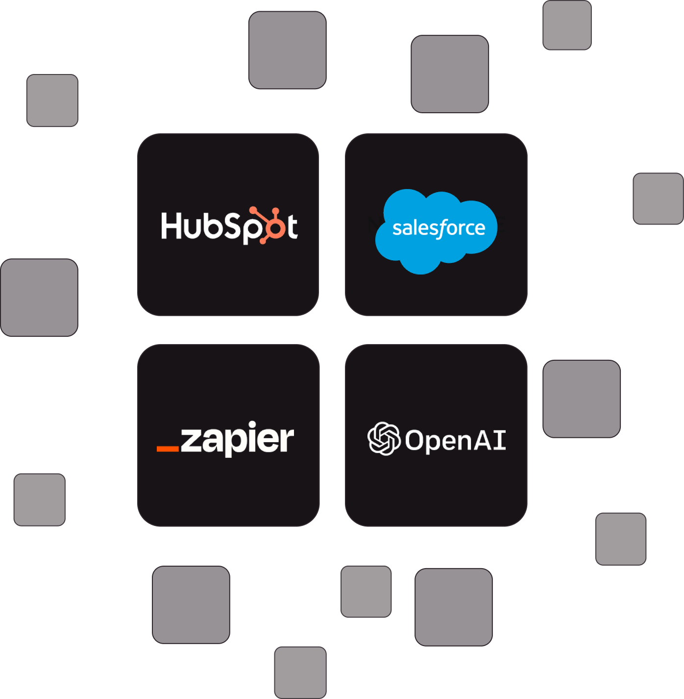 Four black squares each containing logos: HubSpot, Salesforce, Zapier, and OpenAI, arranged in a grid with smaller black squares scattered around.