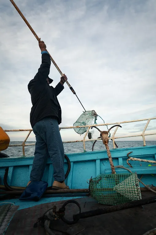 Pêcheur collectant déchets plastiques depuis bateau turquoise en mer avec filet spécial