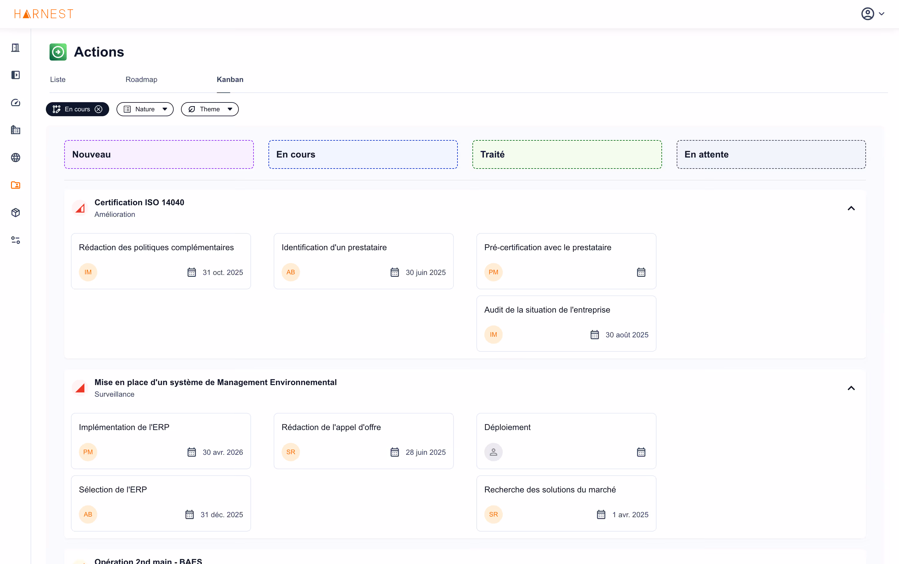 Ecran d'Harnest présentant une vue Kanban de son plan d'actions de durabilité