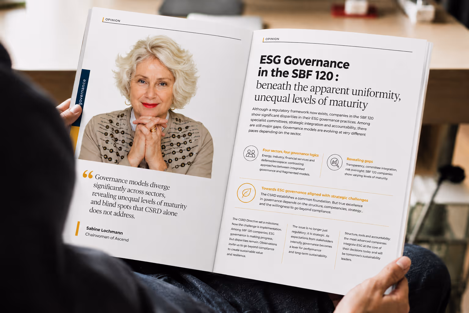 Sabine Lochmann featured in an ESG governance magazine article discussing maturity gaps among SBF 120 companies.