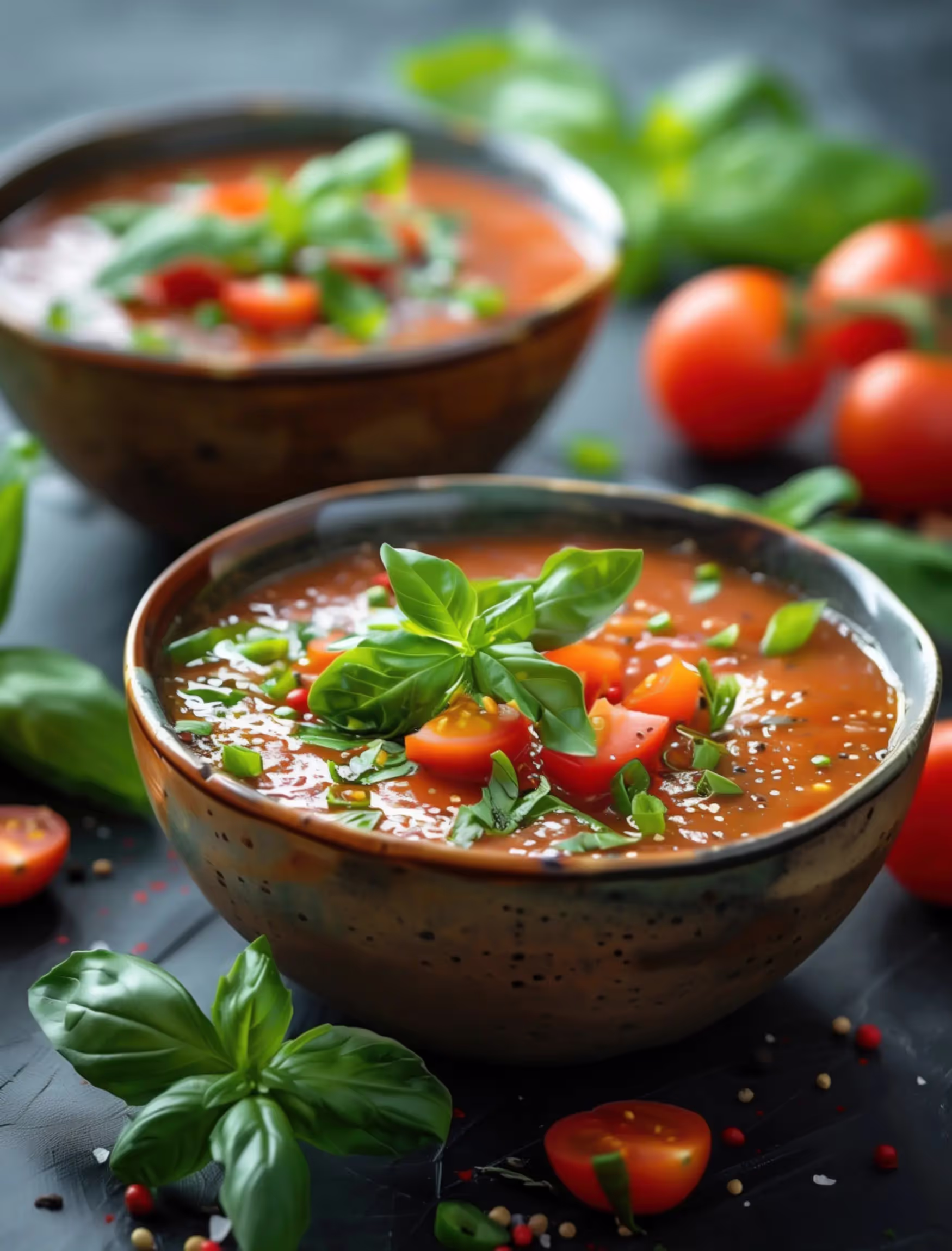 close up of two bowls of tomato soup