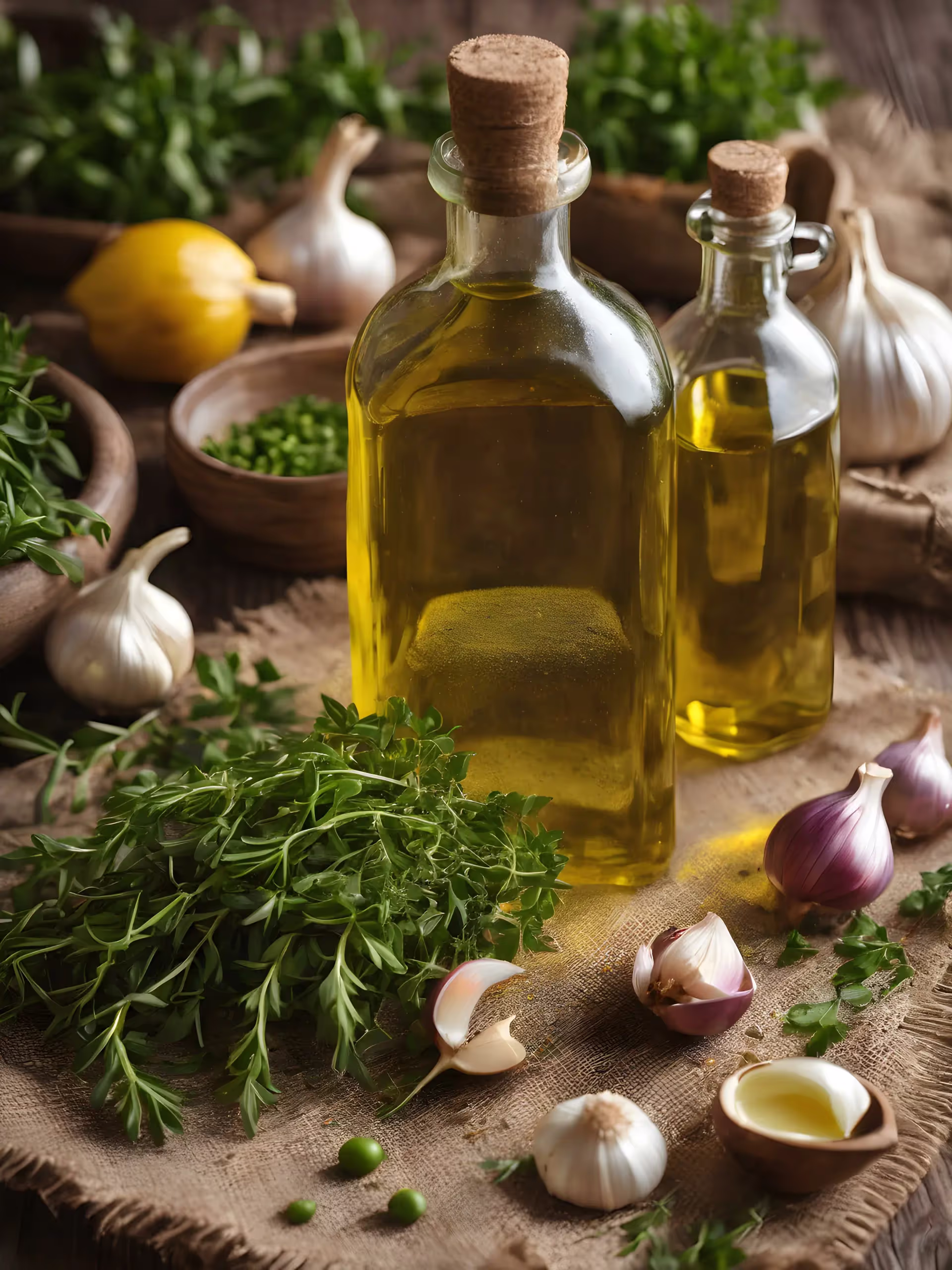 two olive oils bottles with rosemary and garlic