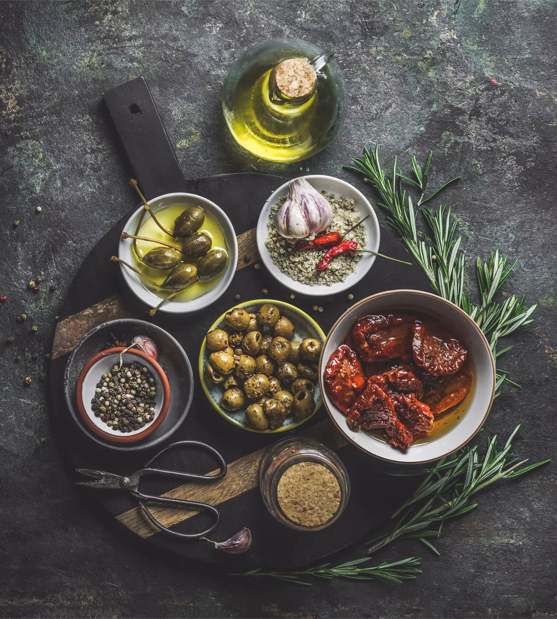 top view of mediterranean food on a wooden plate