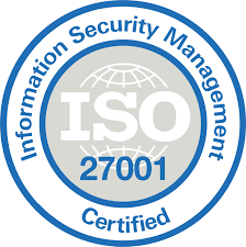 ISO 27001 Information Security Management Certified badge with a globe icon.