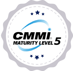 CMMI Maturity Level 5 certification badge with blue stars and a swoosh design.