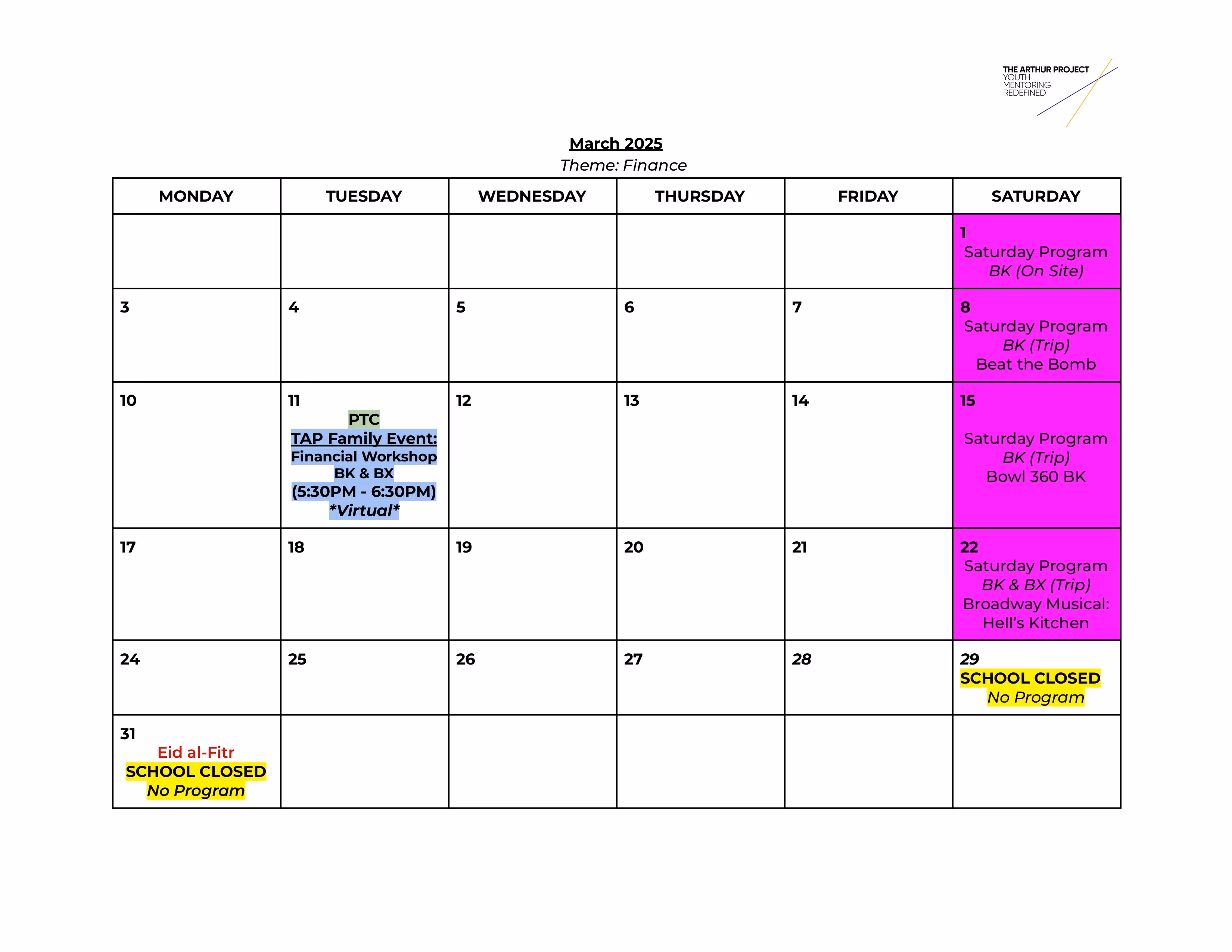 TAP's Family Engagement & Saturday Program of Events 