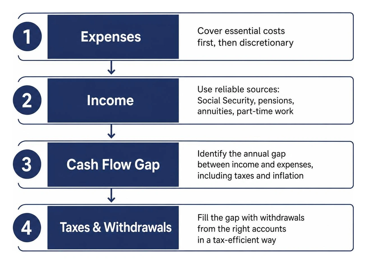 Framework showing the four layers of retirement cash flow planning from expenses to taxes Framework showing the four layers of retirement cash flow planning from expenses to taxes