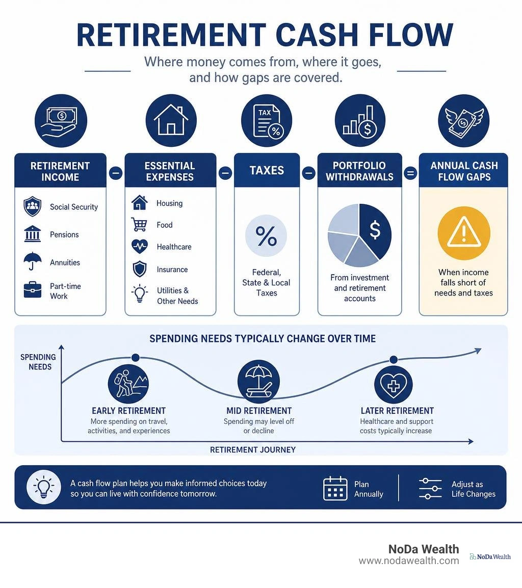 Infographic showing retirement income, essential expenses, taxes, withdrawals, and annual cash flow gaps infographic Infographic showing retirement income, essential expenses, taxes, withdrawals, and annual cash flow gaps infographic