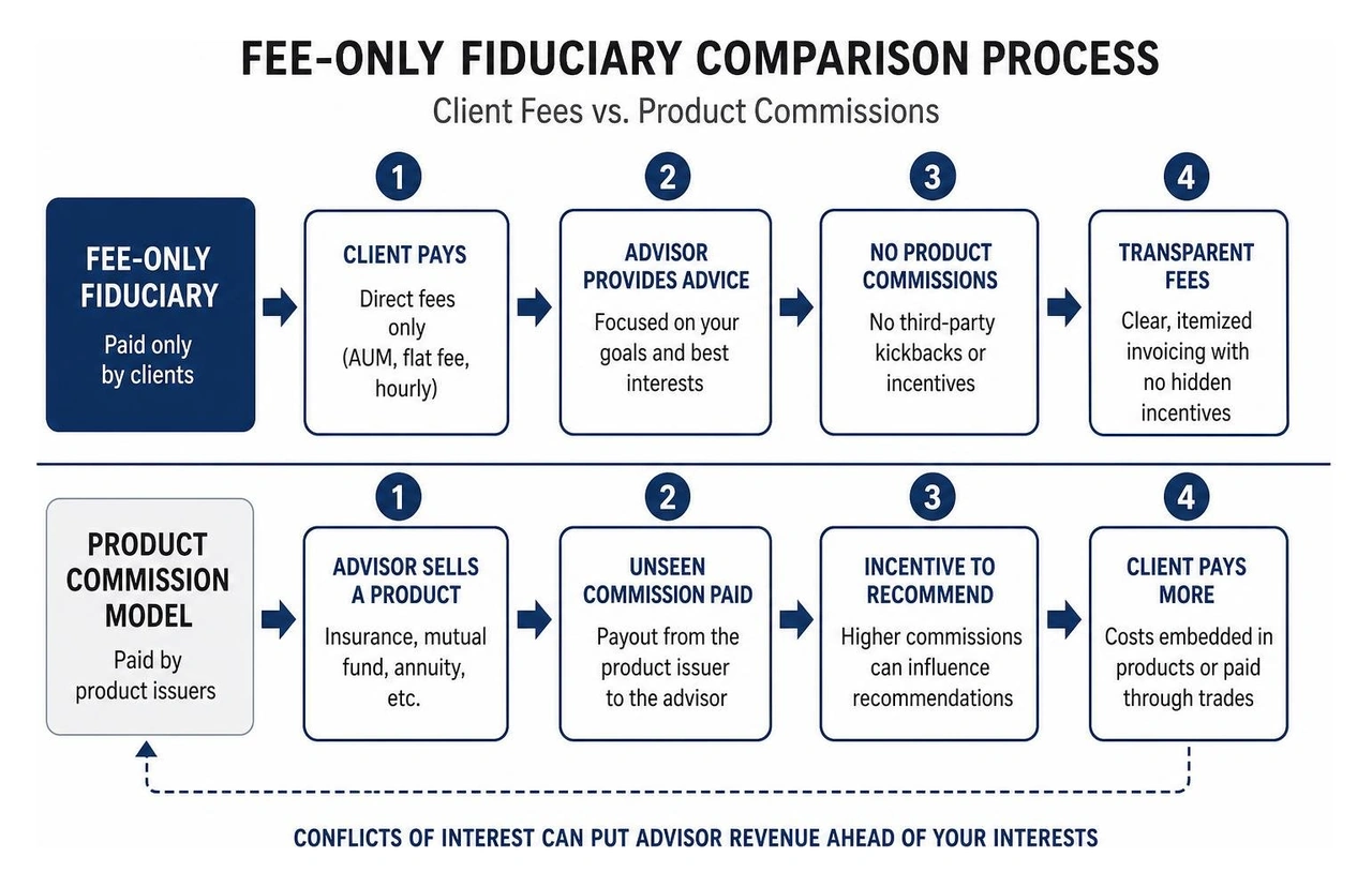 Fee-only fiduciary comparison process showing client fees versus product commissions Fee-only fiduciary comparison process showing client fees versus product commissions