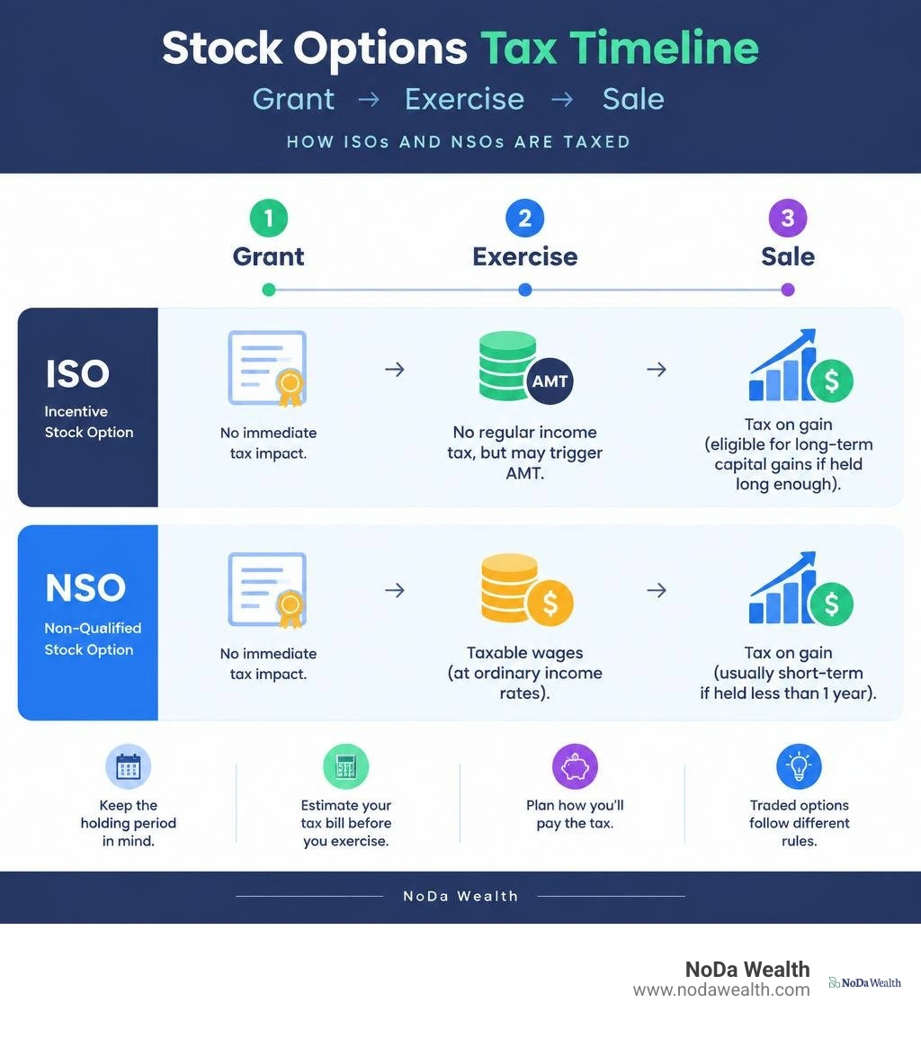 Stock options tax timeline showing grant, exercise, and sale for ISOs and NSOs infographic Stock options tax timeline showing grant, exercise, and sale for ISOs and NSOs infographic