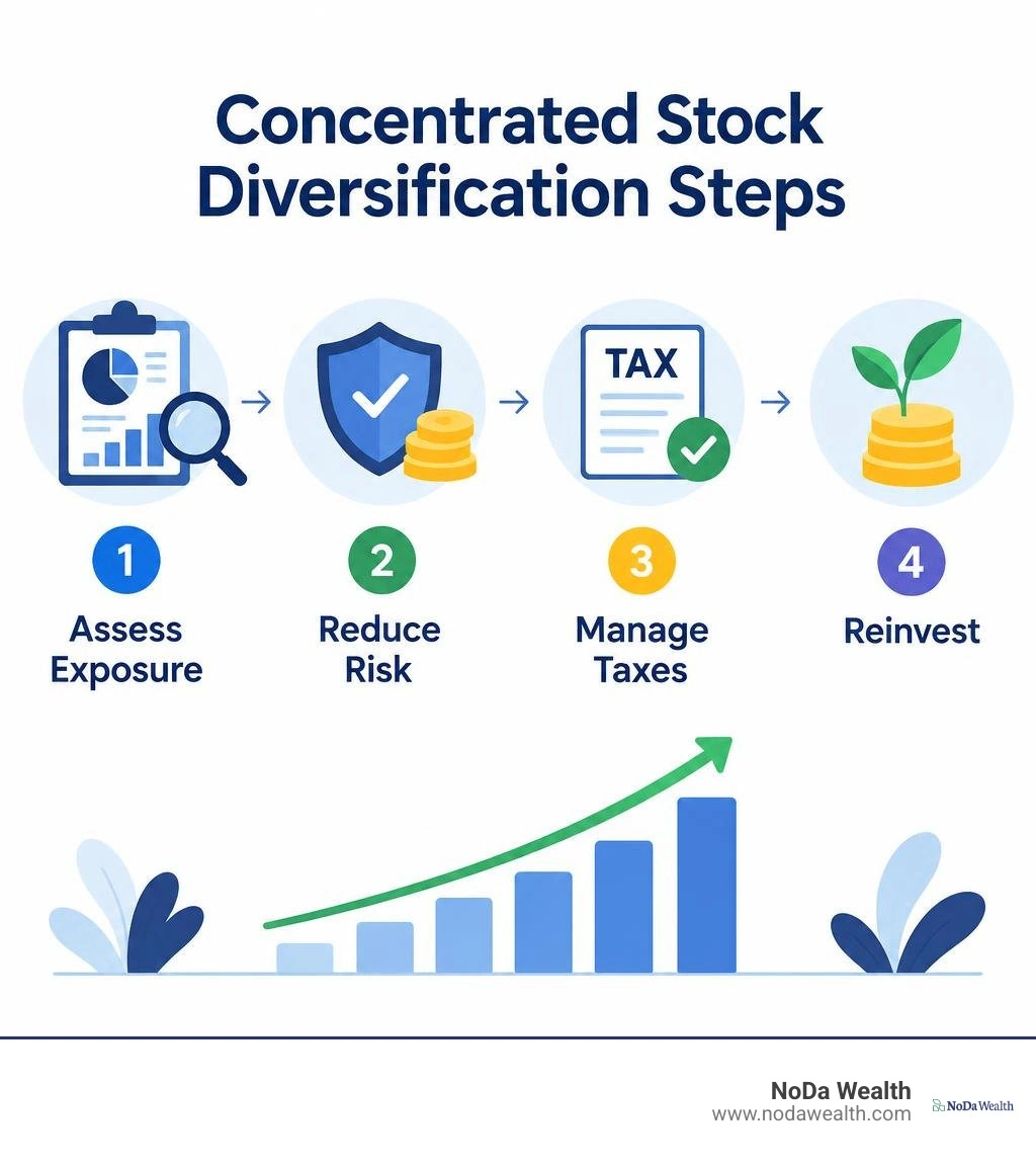 Concentrated stock diversification steps: assess exposure, reduce risk, manage taxes, reinvest infographic
